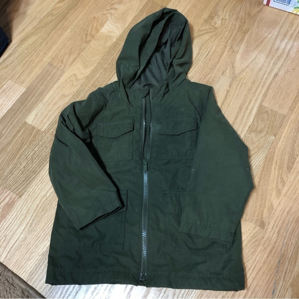 Old Navy Hunter Green Cargo Jacket Light Hooded Full Zip 3T Kids Toddler Coat